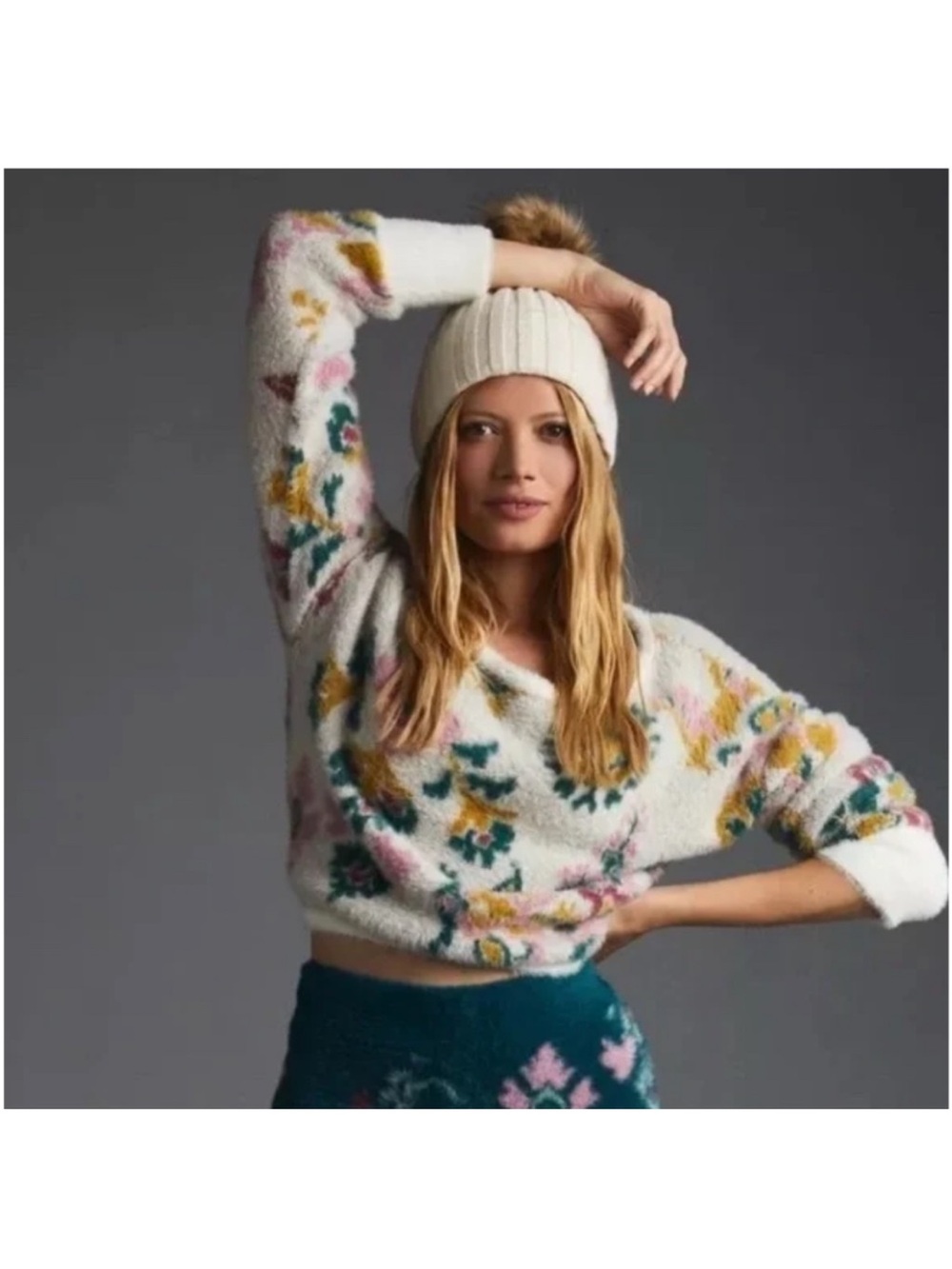 Anthropologie Floral Cozy Crewneck Sweater - Cream Multicolor